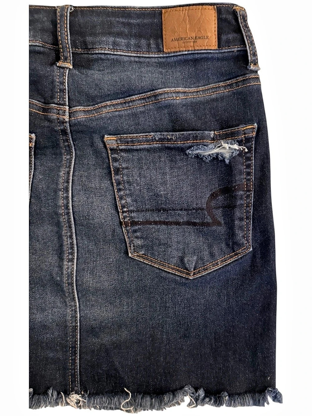 American Eagle Distressed Dark Wash Stretch Denim Mini Skirt Size 2 - Picture 3 of 5